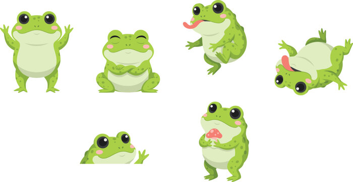 Cute Frog Character Vector Illustration Set with Various Posing Expressions Holding Mushroom Peeking Waving and Sleeping for Children Book Designs