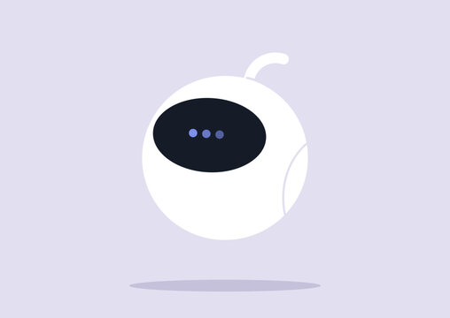 A sleek, round robot displays a new message while hovering gracefully against a light purple background, It features a typing symbol on its screen, symbolizing digital communication in style.
