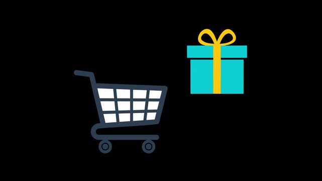 Minimalist icon animation featuring a shopping cart approaching a blue gift box on transparent background