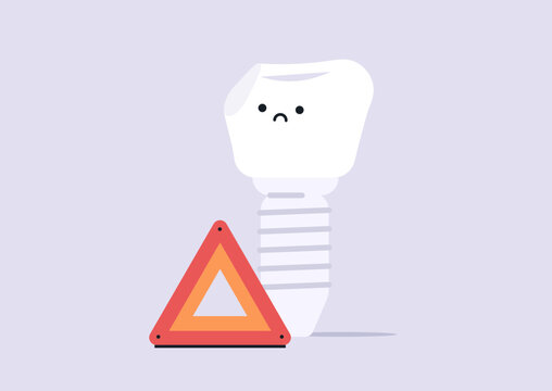 A quirky illustration shows a sad damaged implant crown standing next to a warning triangle, This creative scene highlights the importance of dental care and safety.
