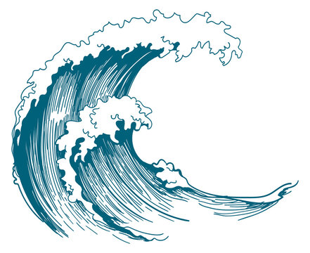 Storm wave drawing. Marine water swirl engraving
