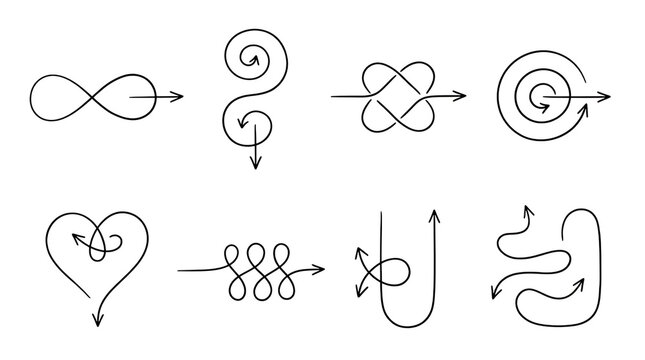 Set of hand drawn dashed line doodle icons and arrow shapes featuring infinity symbol spiral knot target heart path and abstract geometric signs for design projects and creative infographics