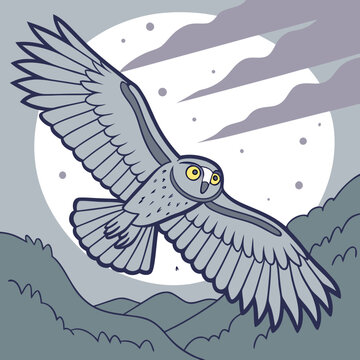Grand hibou gris volant vers moi
