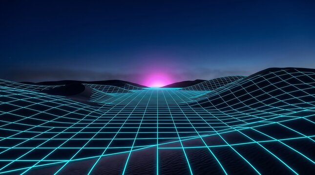 Retro futuristic synthwave landscape with a glowing neon cyan grid and pink sunset for technology backgrounds, digital art projects, and creative posters
