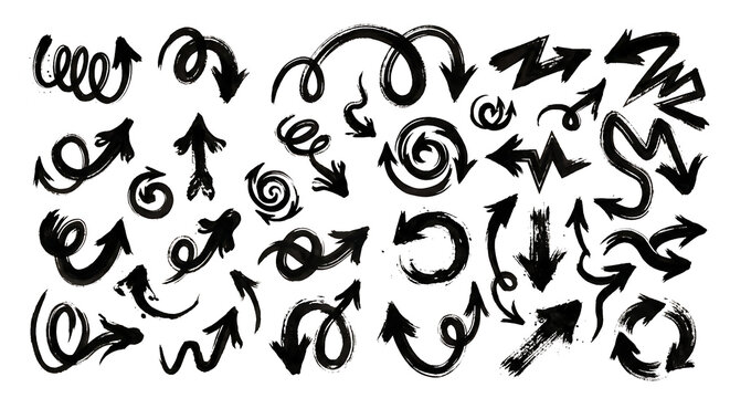 Set of hand drawn black arrows with various shapes and directions for design projects and creative notes or sketches on a flat surface to highlight important information and guide the viewer eye