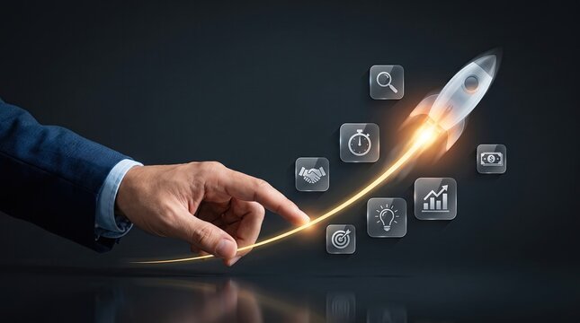 Businessman tracing an upward glowing growth trajectory line with a launching rocket and digital business icons