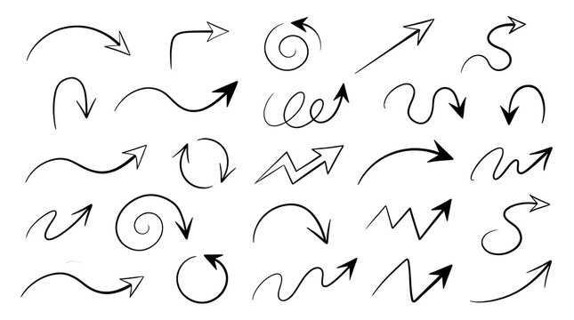 Set of hand drawn sketch arrows and doodle pointers with various curves and shapes for creative design elements