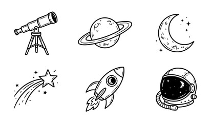 Set of space exploration icons including telescope planet saturn crescent moon shooting star rocket and astronaut helmet doodle style with telescope sketch © ZUI