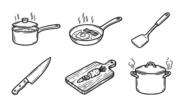 Kitchen utensils hand drawn vector icon set including pots pan spatula knife cutting board with carrot cooking tools pots and pans chef knife frying pan boiling pot line art