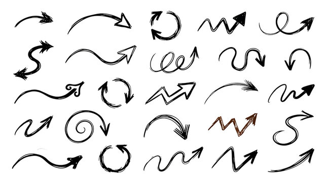 Set of various hand drawn arrows and doodle pointers with different shapes and directions for creative design projects such as bullet points or navigation elements in a clean artistic style