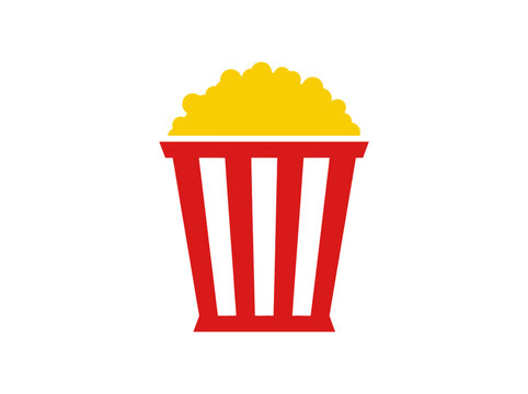 A red popcorn bucket filled with yellow popcorn kernels on a solid white background.