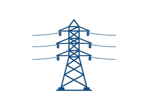 A blue power transmission tower with three horizontal support beams and multiple cross-arms against a plain background.