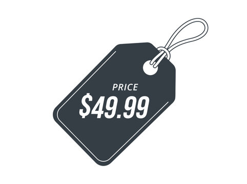 A black price tag with white text displaying forty-nine ninety-nine dollars on a plain background.