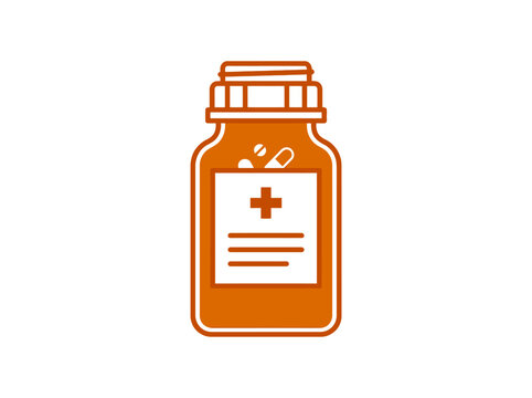 Brown medicine bottle with red cross and white prescription lines on a plain white background.