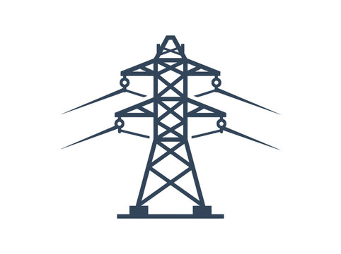 Blue power transmission tower with interconnected lines and triangular supports against a white background.