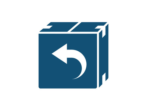 Blue delivery box with white left-pointing arrow symbol on a plain white background.