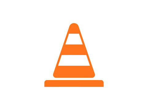 An orange traffic cone with black and white diagonal stripes stands upright on a neutral background.