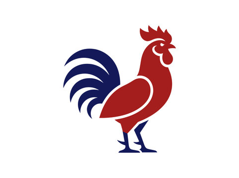 A bold rooster with red and dark blue detailing stands prominently against a plain white background.