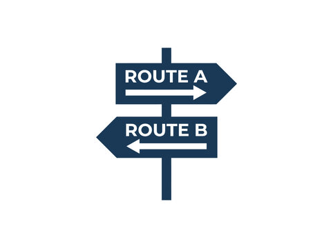 A modern road sign with two arrows labeled route A and route B indicating different directions.