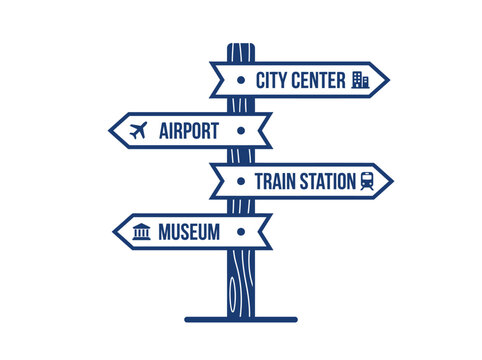 A vintage-style directional signpost with arrows pointing to city center, airport, train station, and museum.