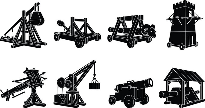 Set of ancient medieval siege weapons and military war machines icons including catapult, battering ram, and cannon