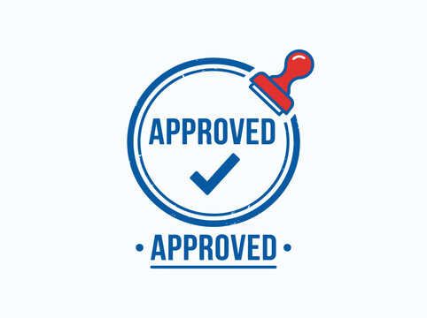A blue and white approved stamp badge with a checkmark inside a circular border and the word approved.