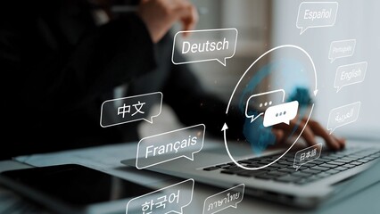 Digital Communication Concept Featuring Multilingual Text Bubbles and Laptop Demonstrating Language Diversity in Online Interaction Gluon. © InfiniteFlow