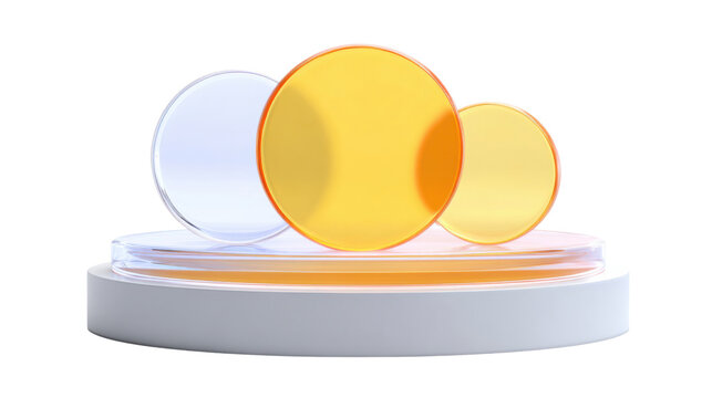 Colorful glass discs in orange yellow and lavender on white round podium, modern abstract 3D render for product presentation on white background
