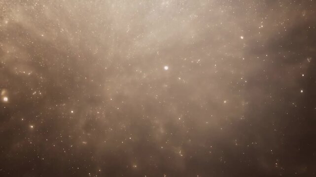 Softly glowing particles drift slowly in a warm beige diffuse background. Layered warm beige and light brown tones enhance movement and depth.