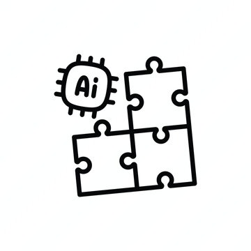AI integration puzzle piece thin line icon representing artificial intelligence, system integration, connected technologies, seamless collaboration, and digital transformation. Vector illustration.
