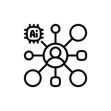 Integrating teamwork with AI thin line icon representing artificial intelligence, human collaboration, team communication, shared intelligence, productivity, and intelligent technology. Vector illustr
