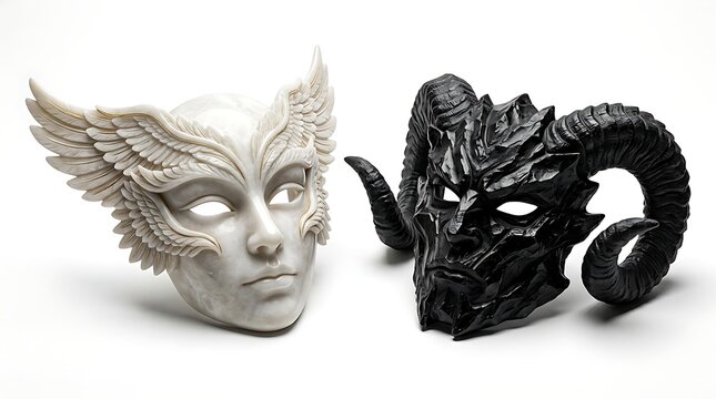 Fantasy white angel mask with wings and black ram horned demon mask ram horns good evil