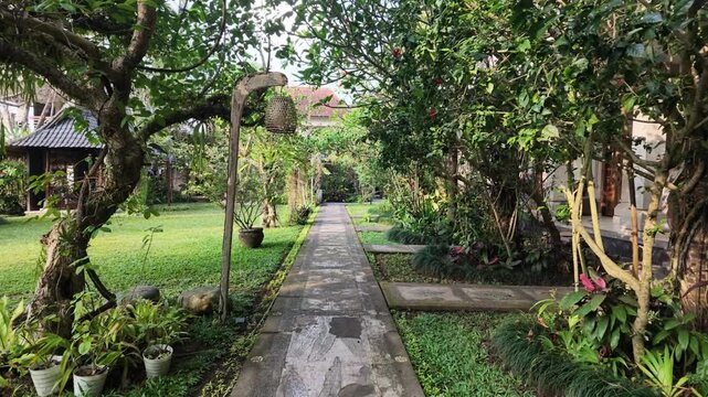 Stone pathway winding through a lush tropical garden in Ubud Bali, serene landscape with green trees and vibrant flora, peaceful outdoor walk, natural atmosphere, travel destination backdrop