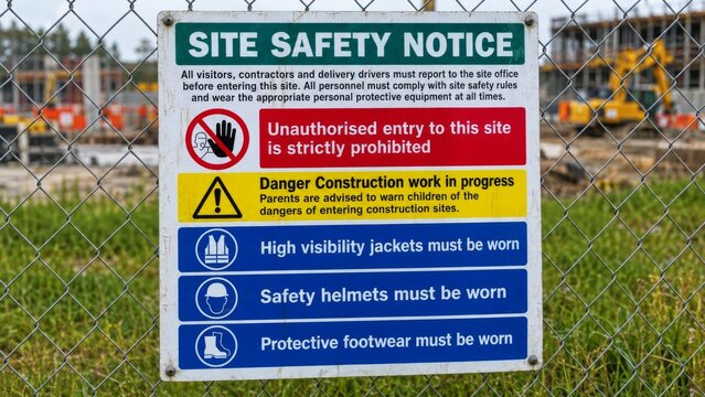Construction site safety notice prohibits unauthorised entry and lists required protective equipment