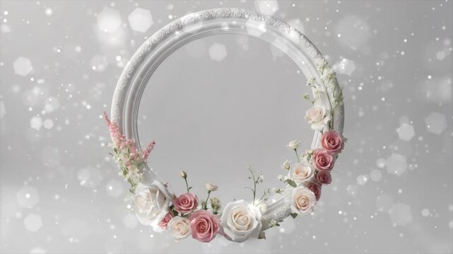 Elegant round white frame adorned with beautiful roses and delicate floral arrangement for wedding invitations