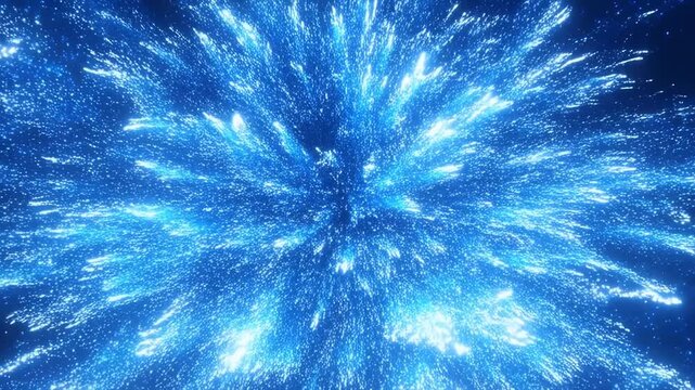 Blue glowing particle burst expands outward from the center against a dark background. Layered composition brings together glowing particles and expanding motion.