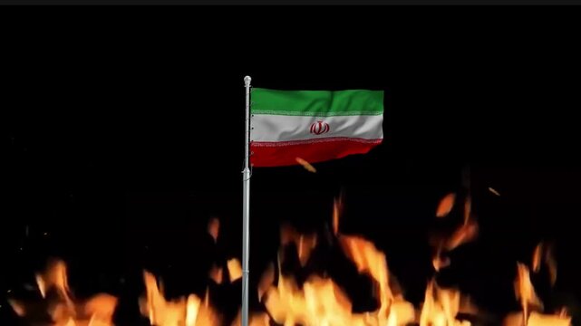 Iranian flag waving proudly over blazing fire video motion footage