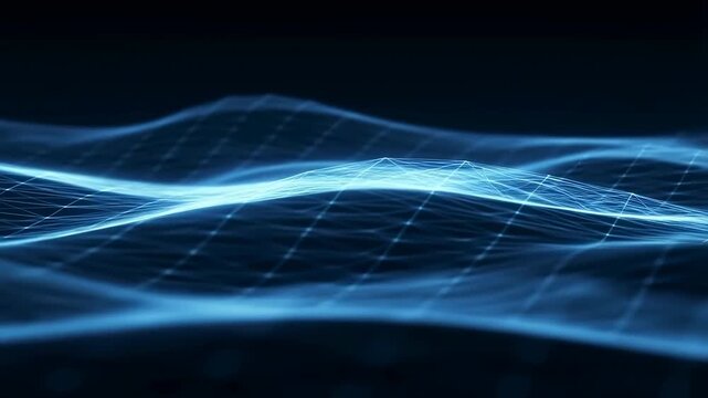 Flowing blue digital wave grid undulates smoothly on a dark background. Smooth animated scene for technology presentations and digital media.