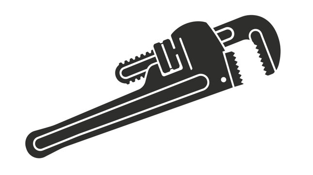 Black silhouette vector illustration of adjustable plumbing pipe wrench tool for repair work