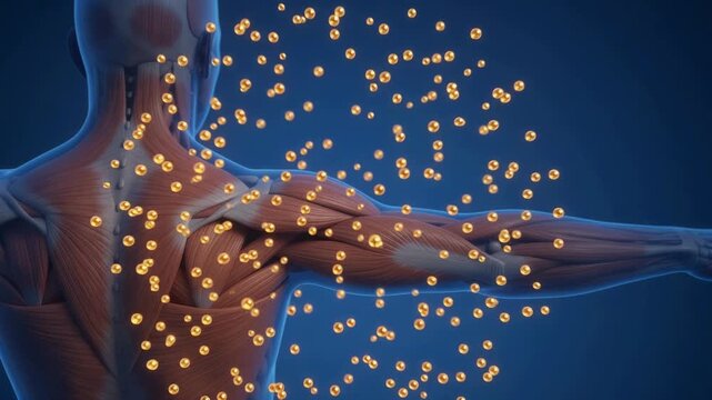 Medical 3D animation showing human muscle anatomy with a glowing orange sphere representing pain or localized inflammation on the shoulder.