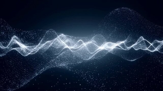 Glowing white particles form flowing and pulsing wave shapes on a dark blue gradient background. Animated background combines particle waves with data flow and waveform.