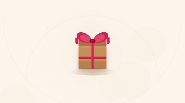 Premium flat vector charity donation animation. A gold coin falls into a gift box slot, triggering a mechanical ribbon self-tying sequence &mdash; two ribbon tails converge to the knot and bow loops inflate