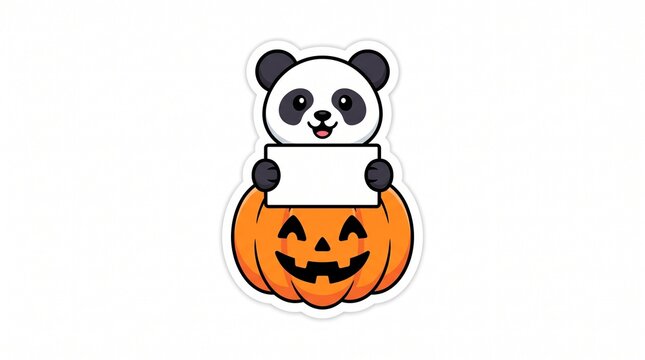 Cute cartoon panda holding blank sign inside jack-o'-lantern for Halloween celebration