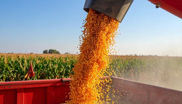 Golden corn kernels pour from a combine harvester into a truck during harvest season