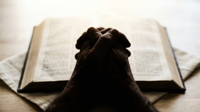 Hands clasped in prayer over open book