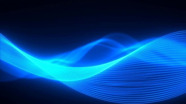 Blue glowing parallel lines form a flowing wave shape with pulsing light effects on a dark digital background. Smooth animated scene for presentations and digital media.