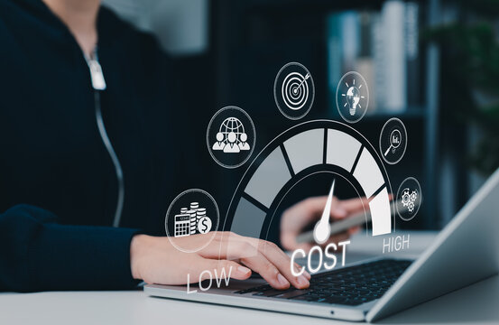 Business Cost Analysis and Management Concept. Businesswoman using cost meter ranging from low to high with icon representing efficiency, budgeting, planning, financial management, cost reduction