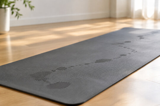 Yoga mat on wooden floor showing a series of faint, connected sweat marks.
