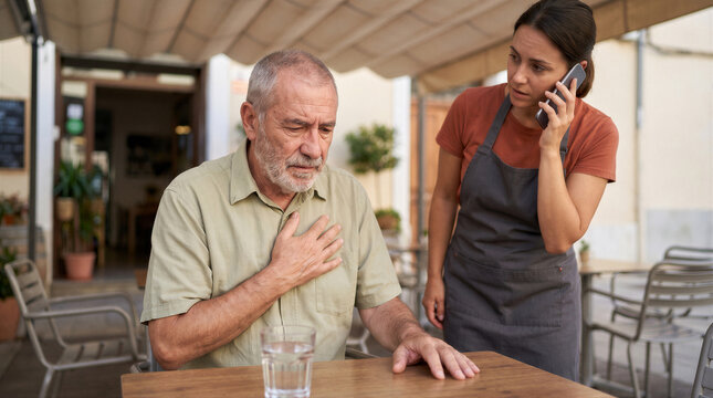 Senior man experiencing sudden chest pain while sitting at a restaurant table with a concerned waitress calling for emergency help