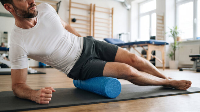 Man performing it band foam roller massage on a gym mat
